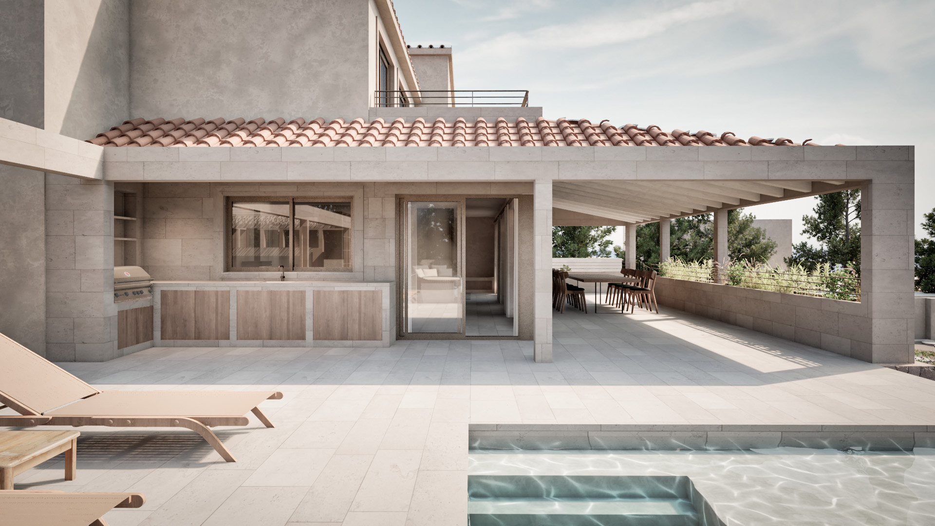 Pool terrace at dusk at the Betlem residence