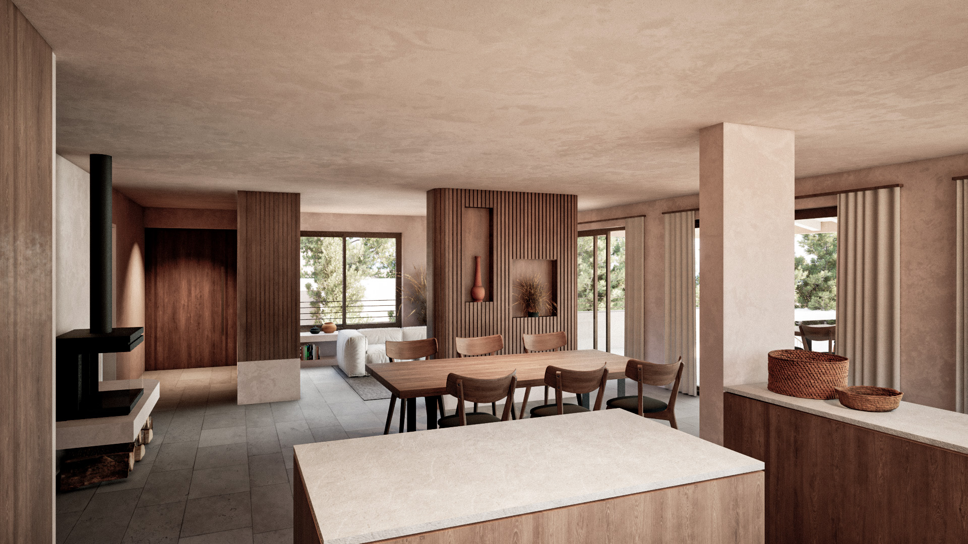 Living and dining space with wood-burning stove