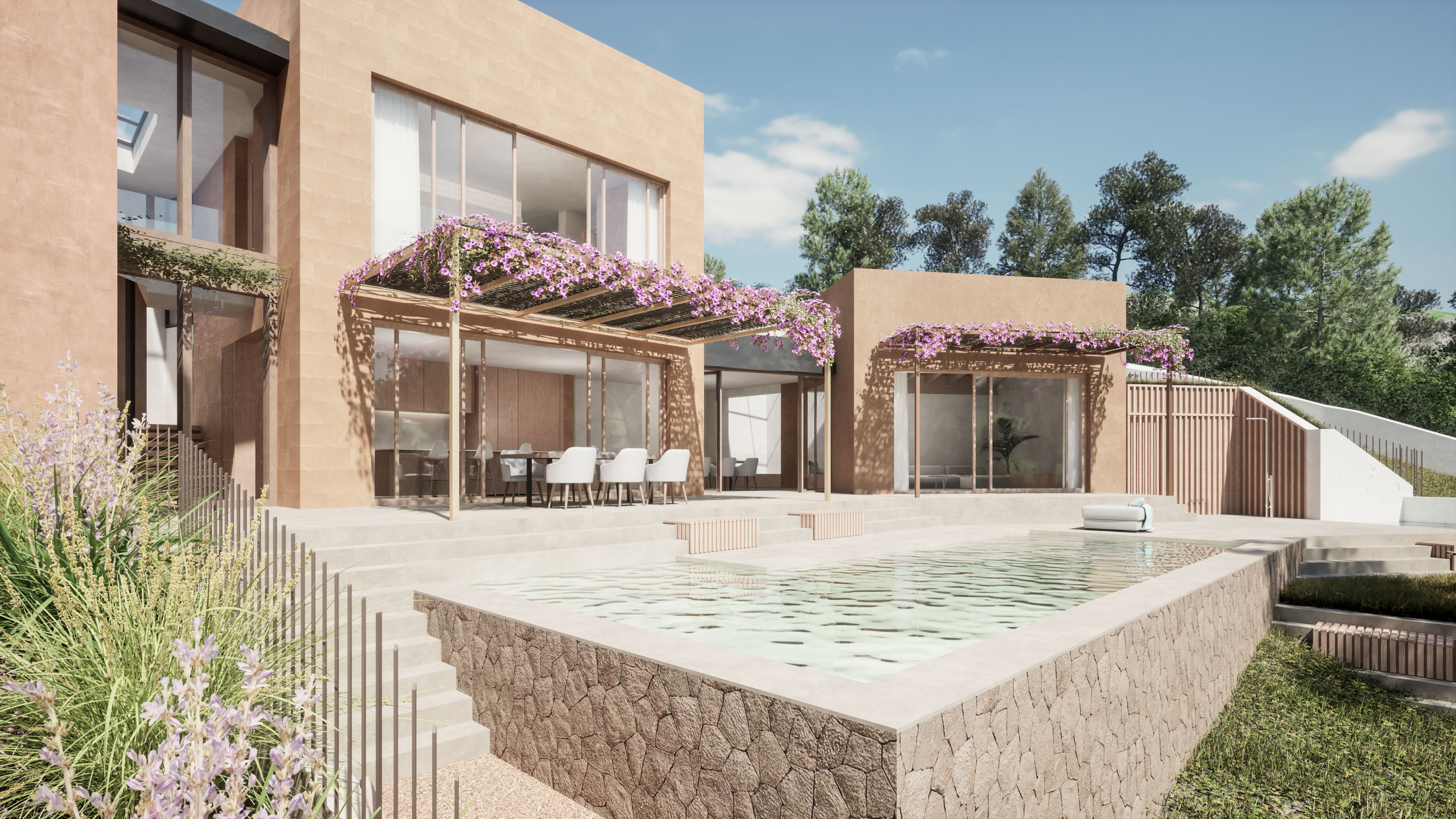 Piscina con borde de piedra natural junto al comedor exterior de Villa Es Pinar