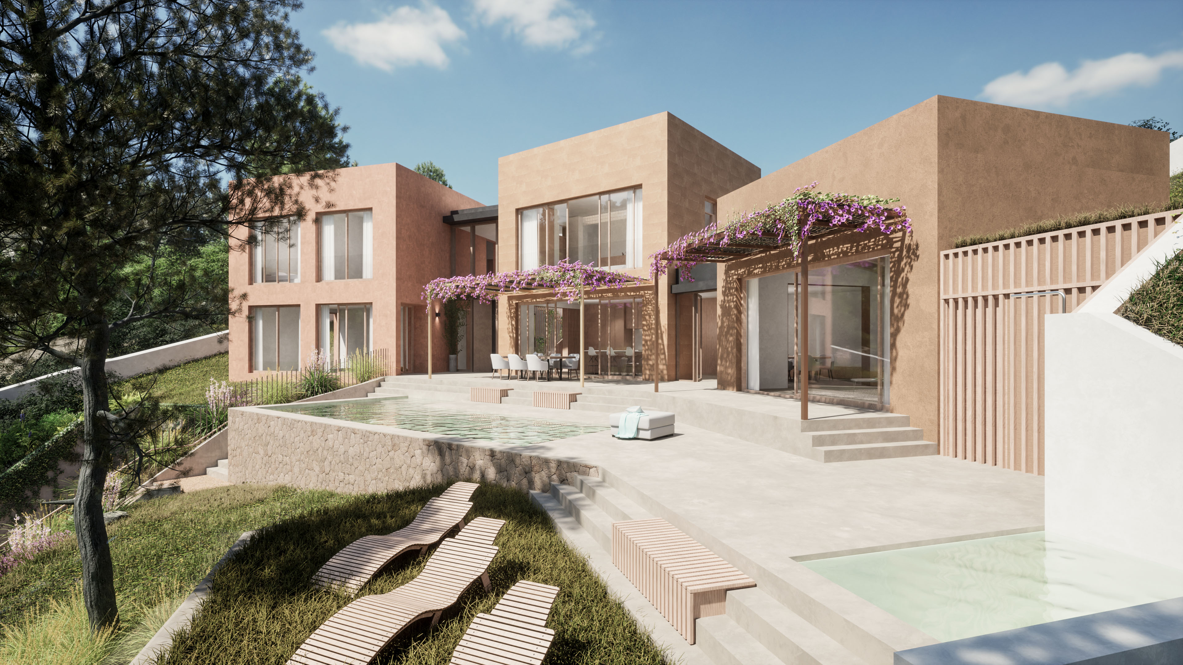 Vista exterior de Villa Es Pinar con piscina, pérgola florida y jardín en la ladera