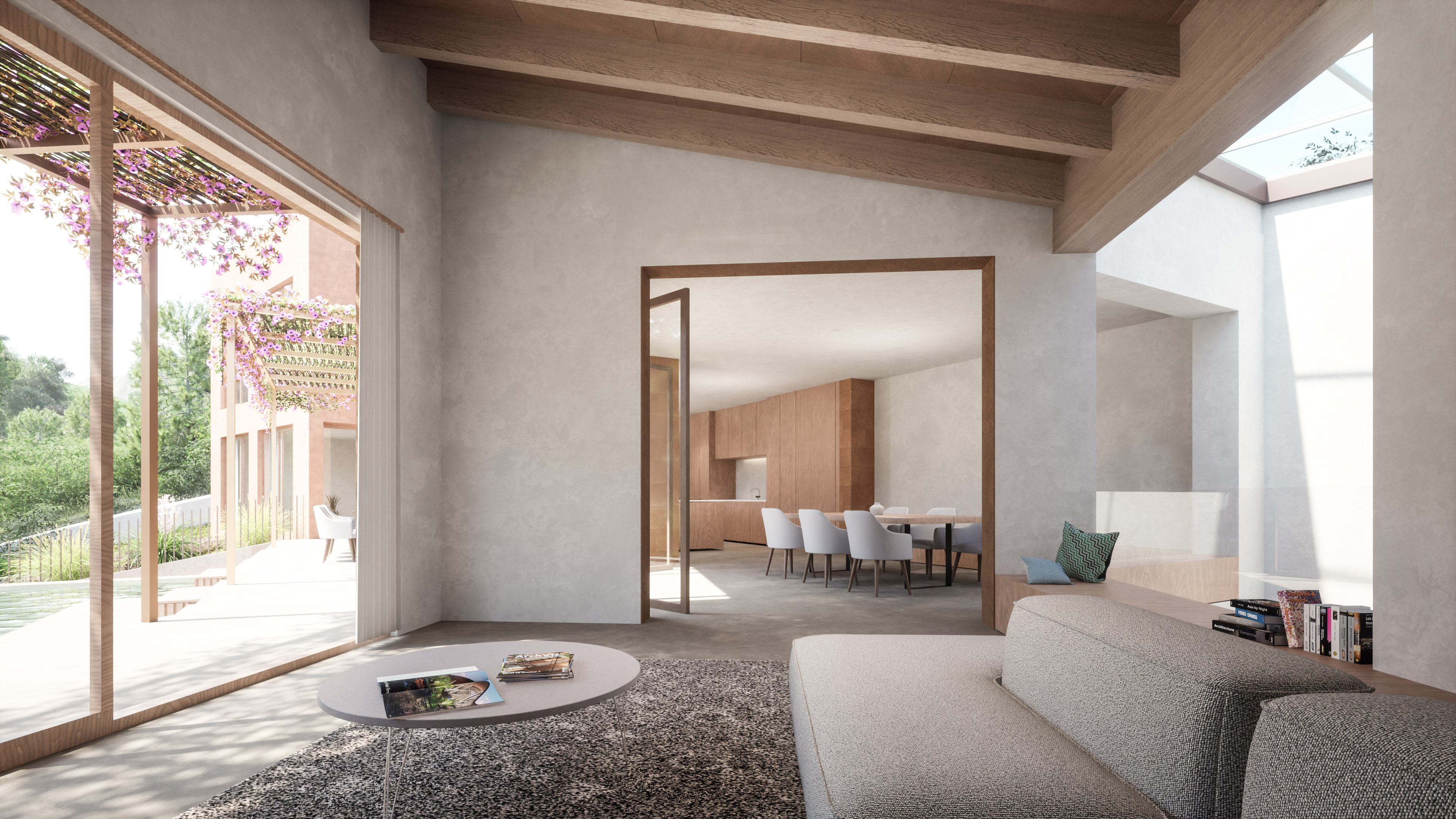 Sala de estar con vistas al comedor y la piscina de Villa Es Pinar