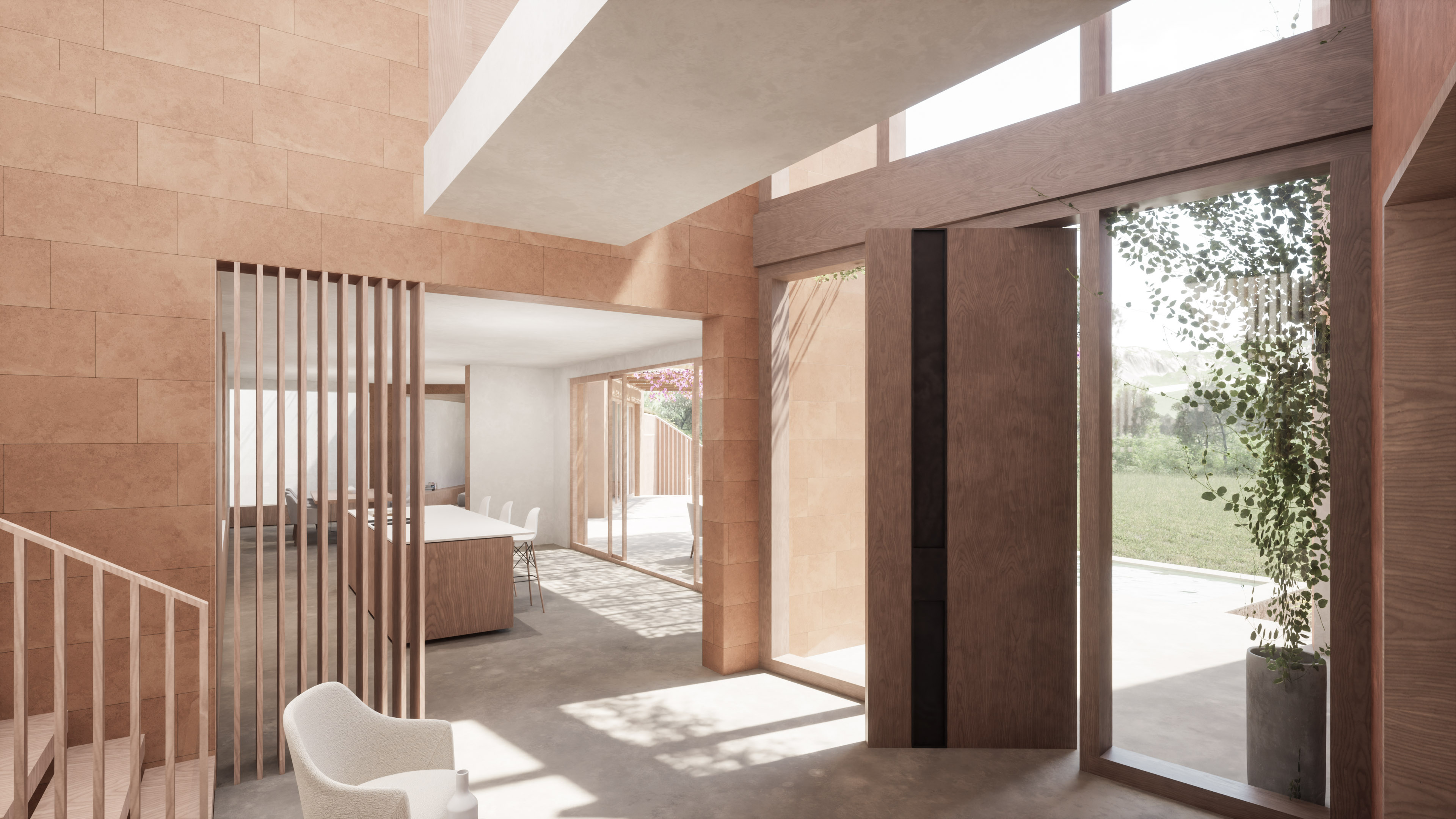 Vestíbulo de entrada con celosía de madera de Villa Es Pinar