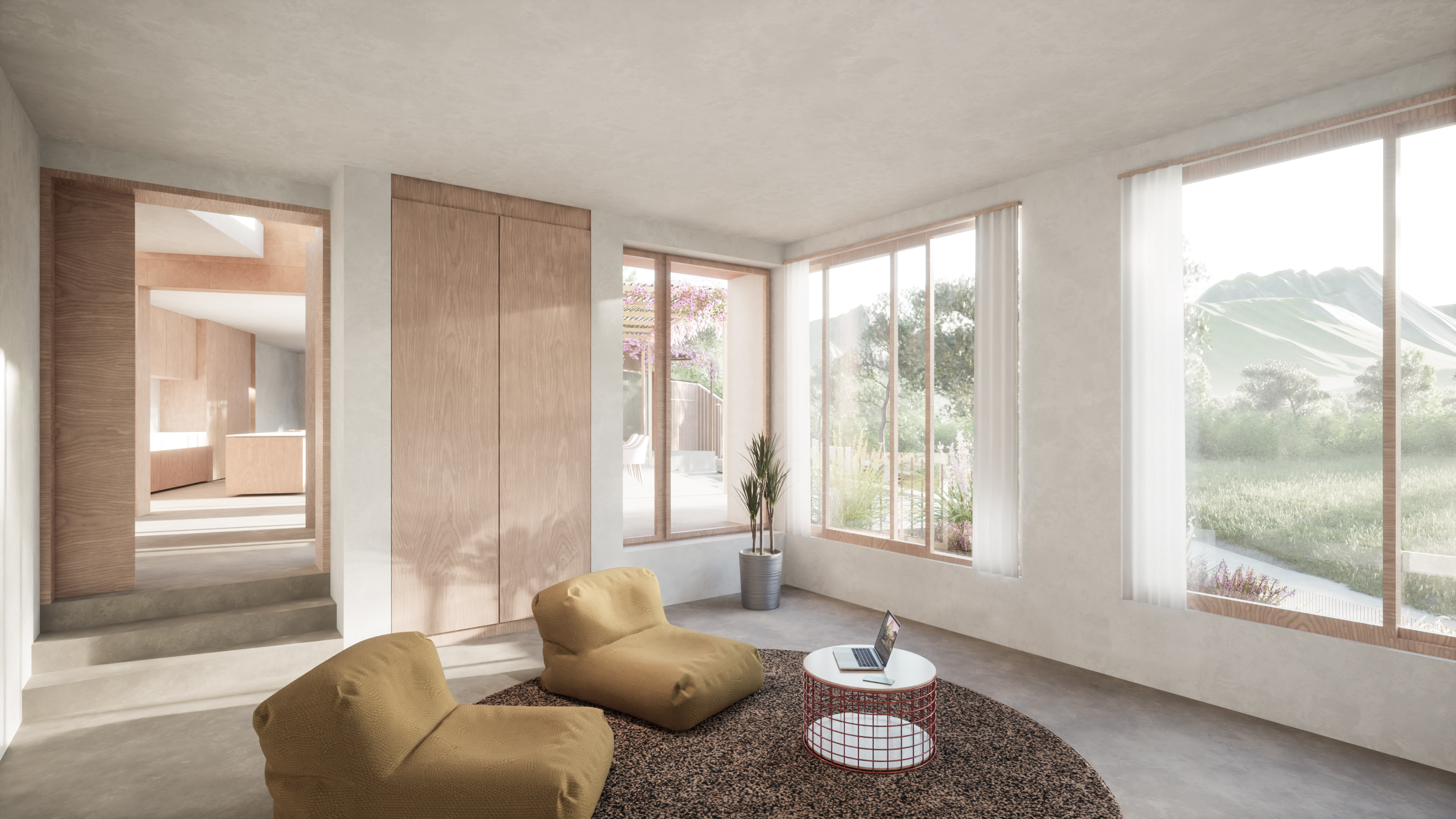 Sala de estar con vistas a la Sierra de Tramuntana desde Villa Es Pinar