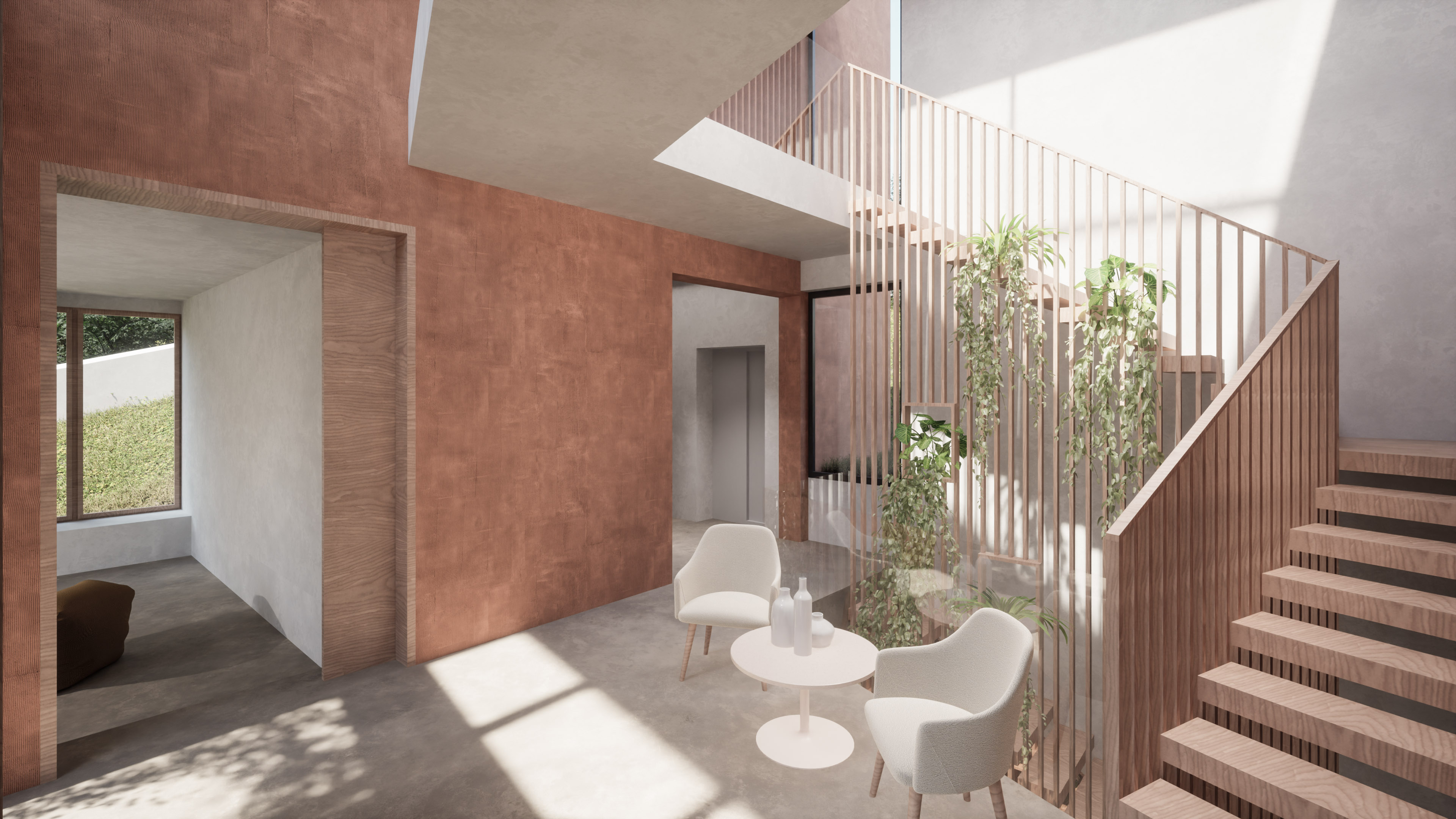 Patio interior con escalera de madera y vegetación en Villa Es Pinar