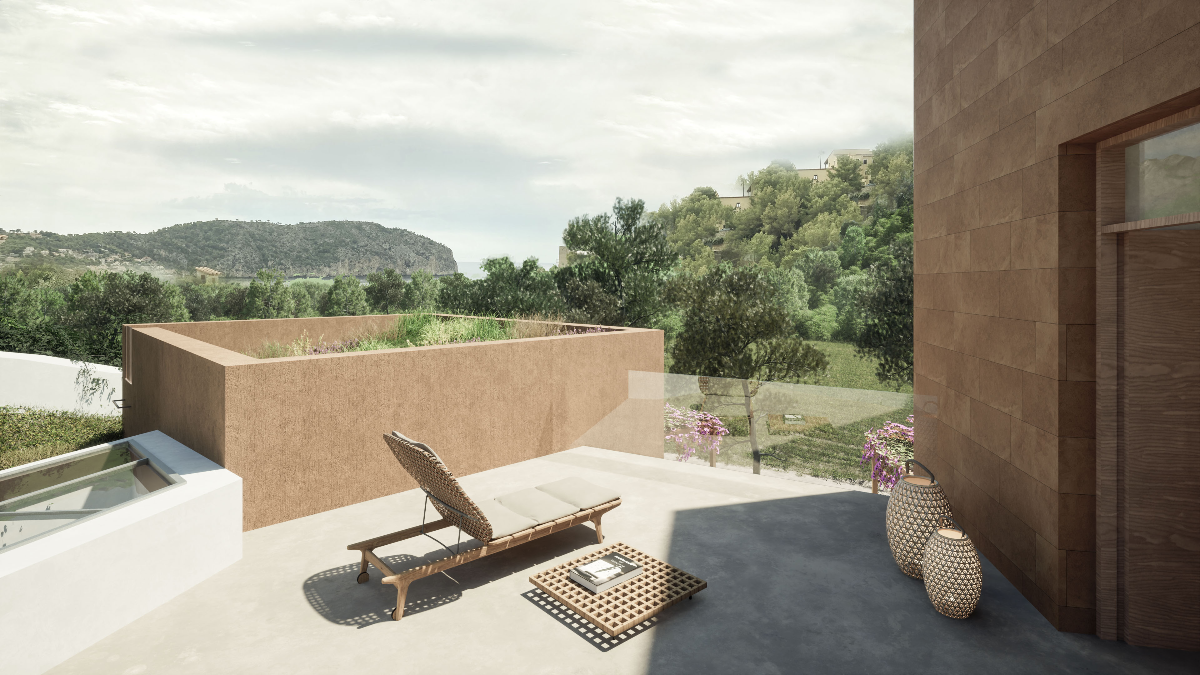 Terraza soleada de Villa Es Pinar con vistas a la colina y al mar