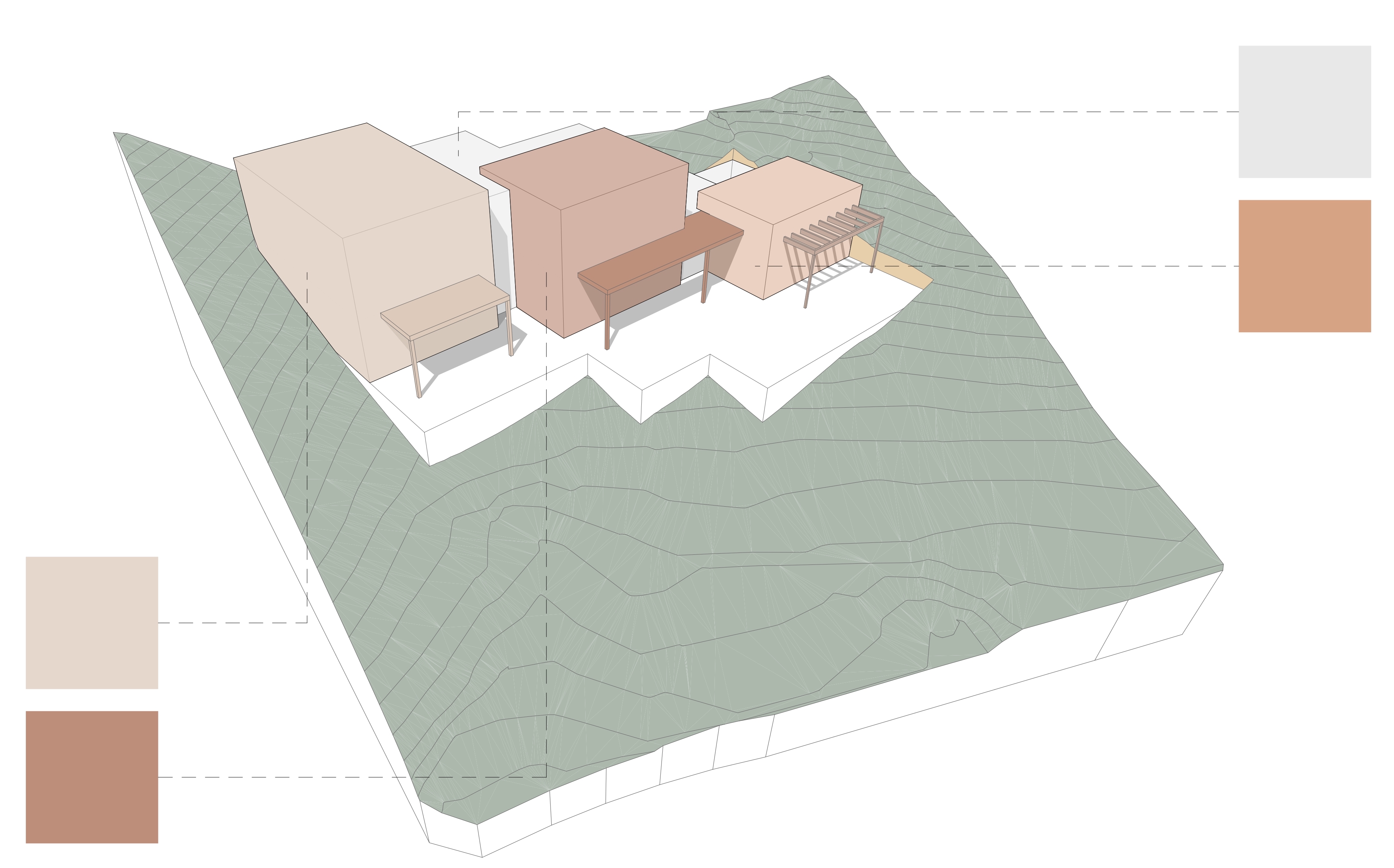 Esquema volumétrico y de materialidad de Villa Es Pinar mostrando la paleta de acabados sobre la ladera