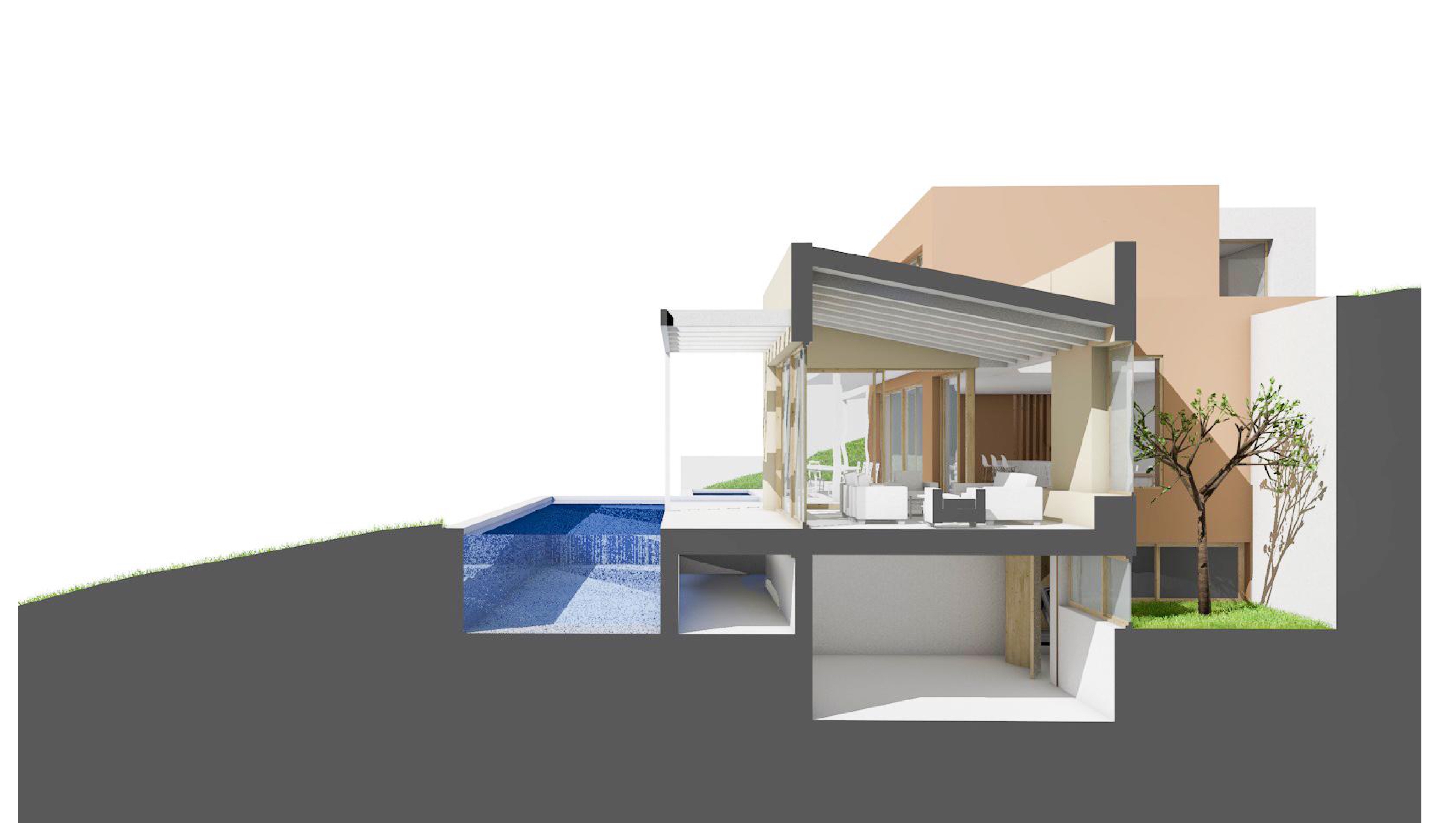 Sección transversal de Villa Es Pinar mostrando la relación entre la piscina, el salón y la planta inferior