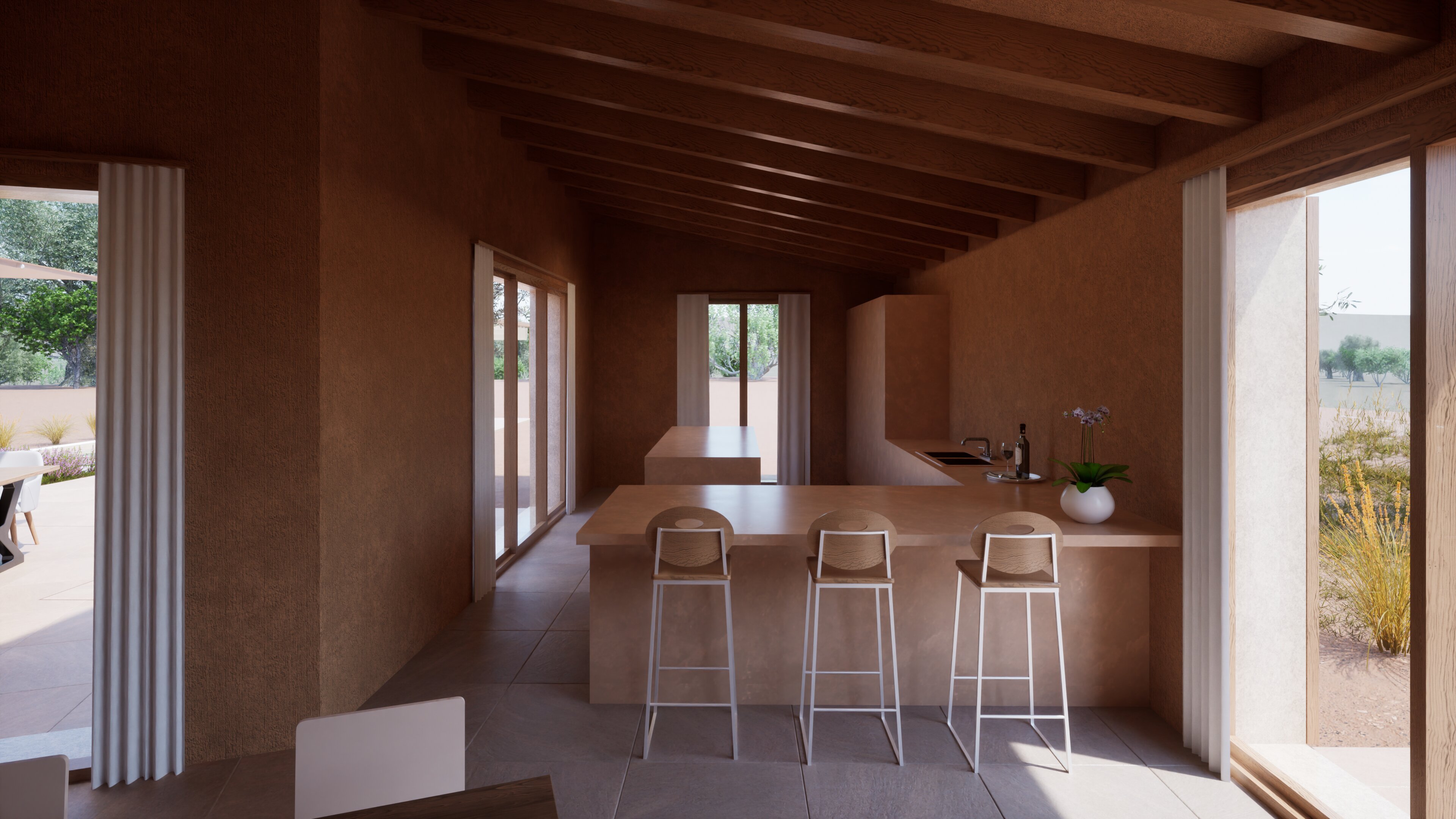 Cocina con isla de desayuno en Finca Es Camp