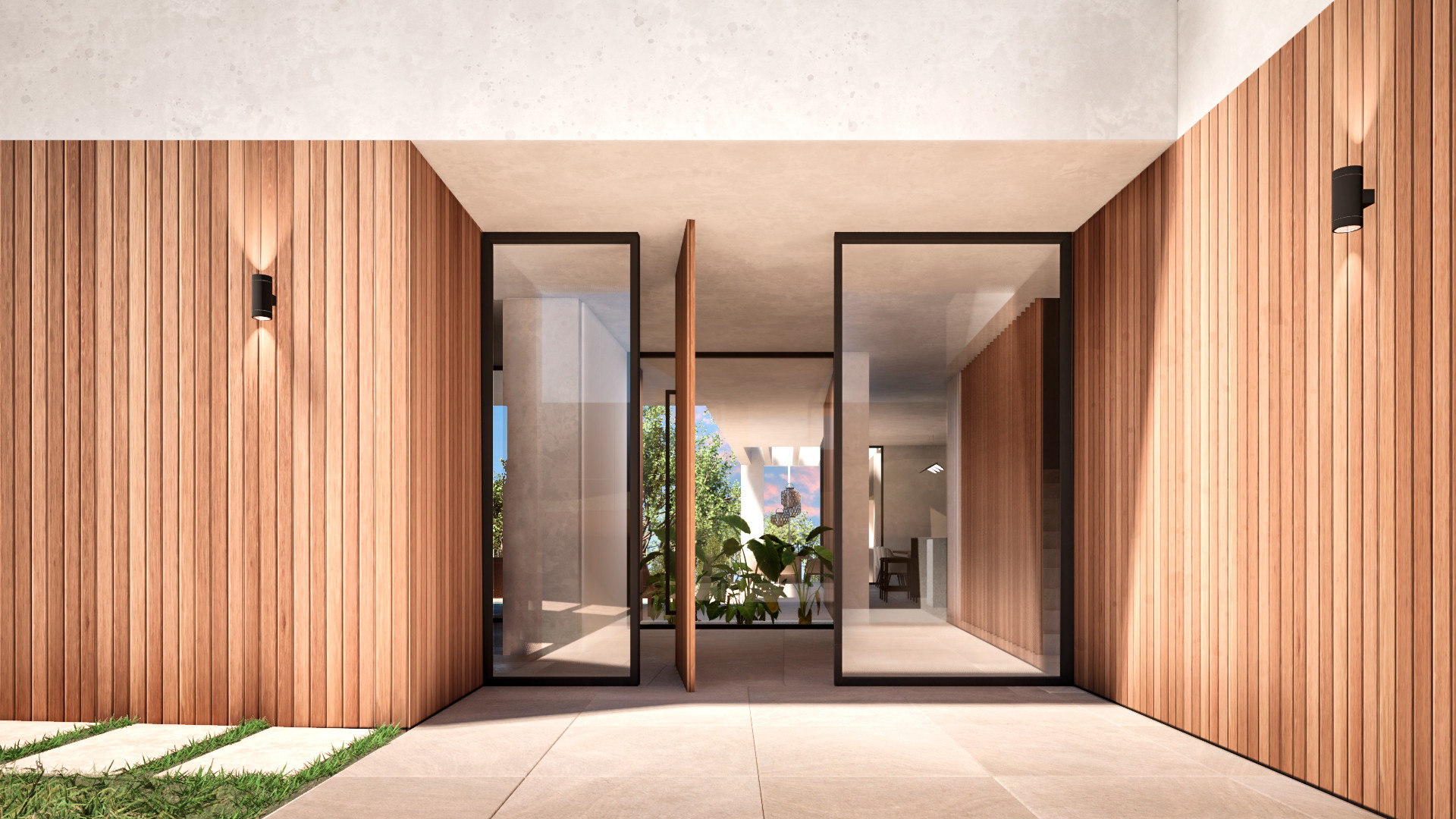 Wood-clad entrance of the Villa Bon Aire residence