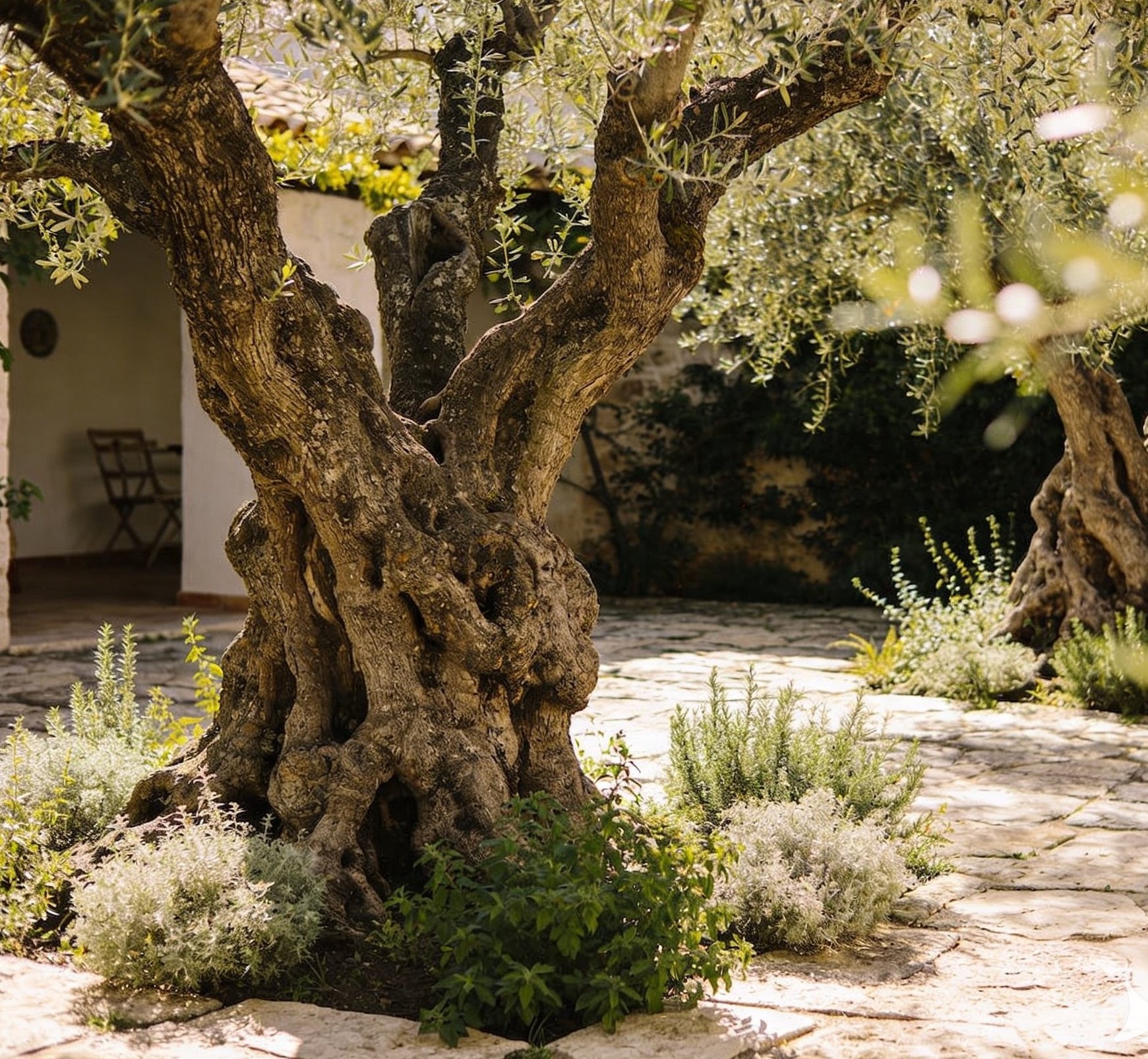 Olivo centenario en uno de los patios interiores de Villa Oliva