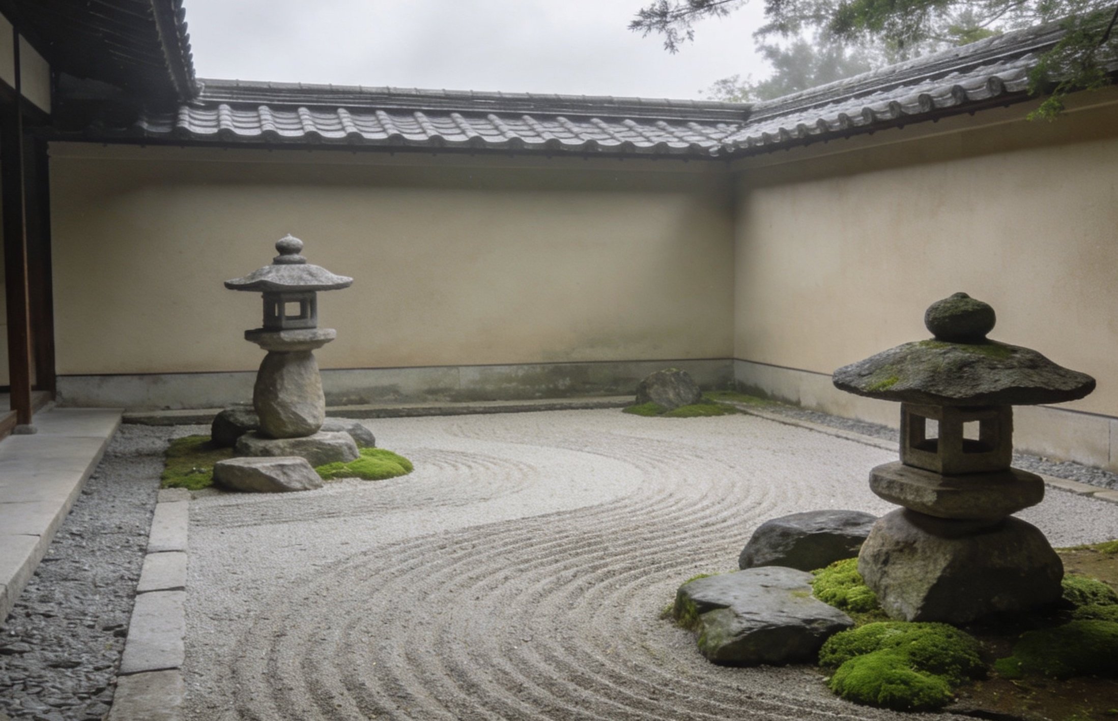 Referencia de jardín zen con arena rastrillada y farolillos de piedra