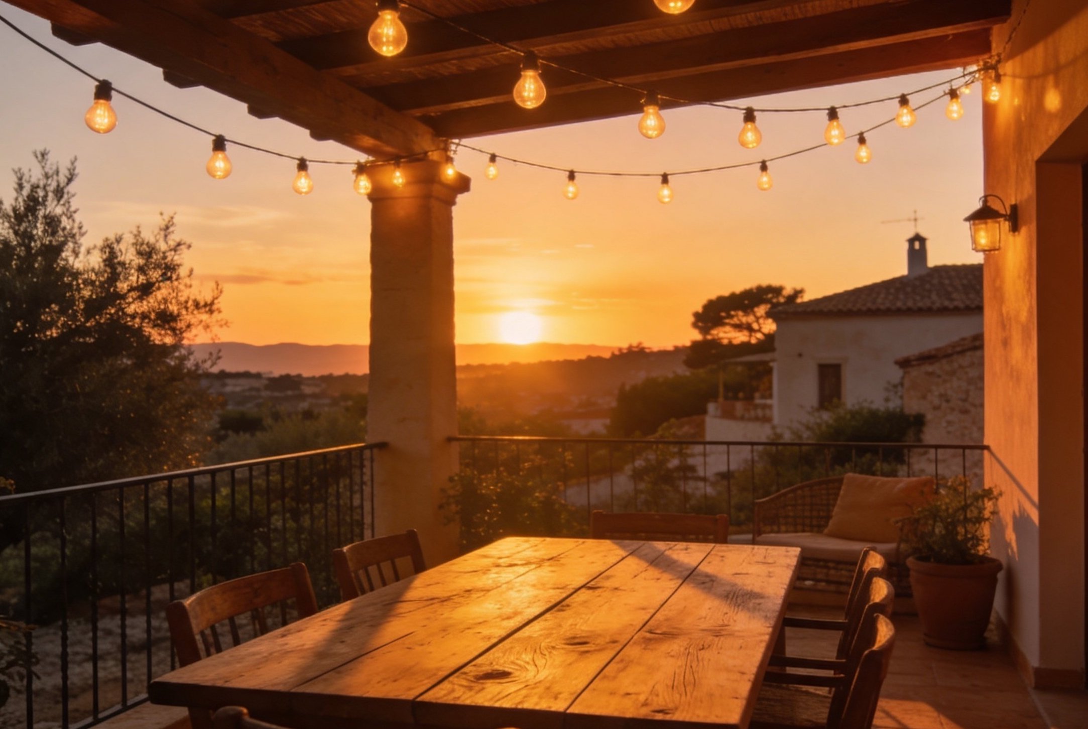 Terraza al atardecer con guirnaldas de luz sobre la mesa exterior