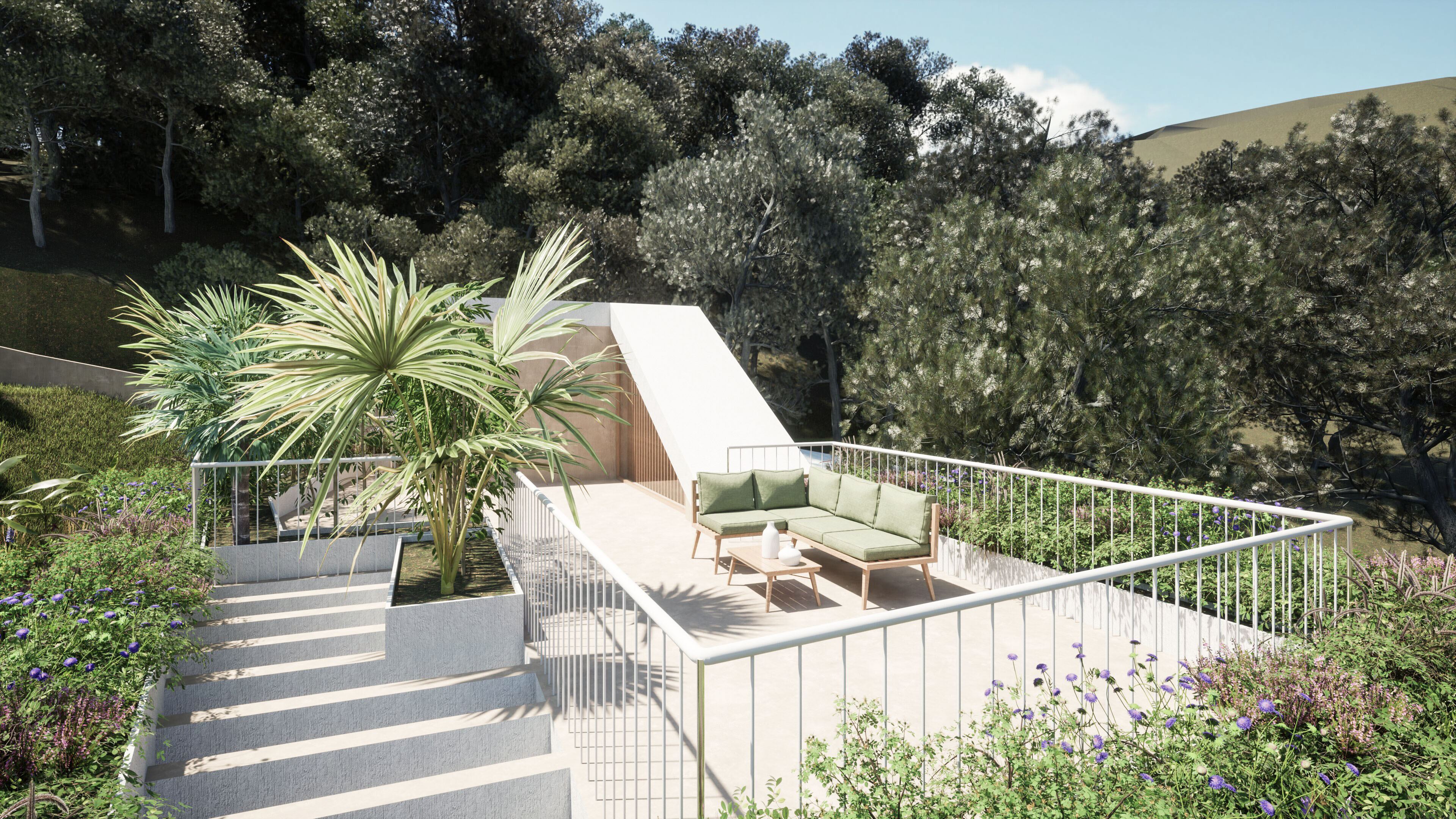 Terraza en cubierta con sofá exterior entre la vegetación