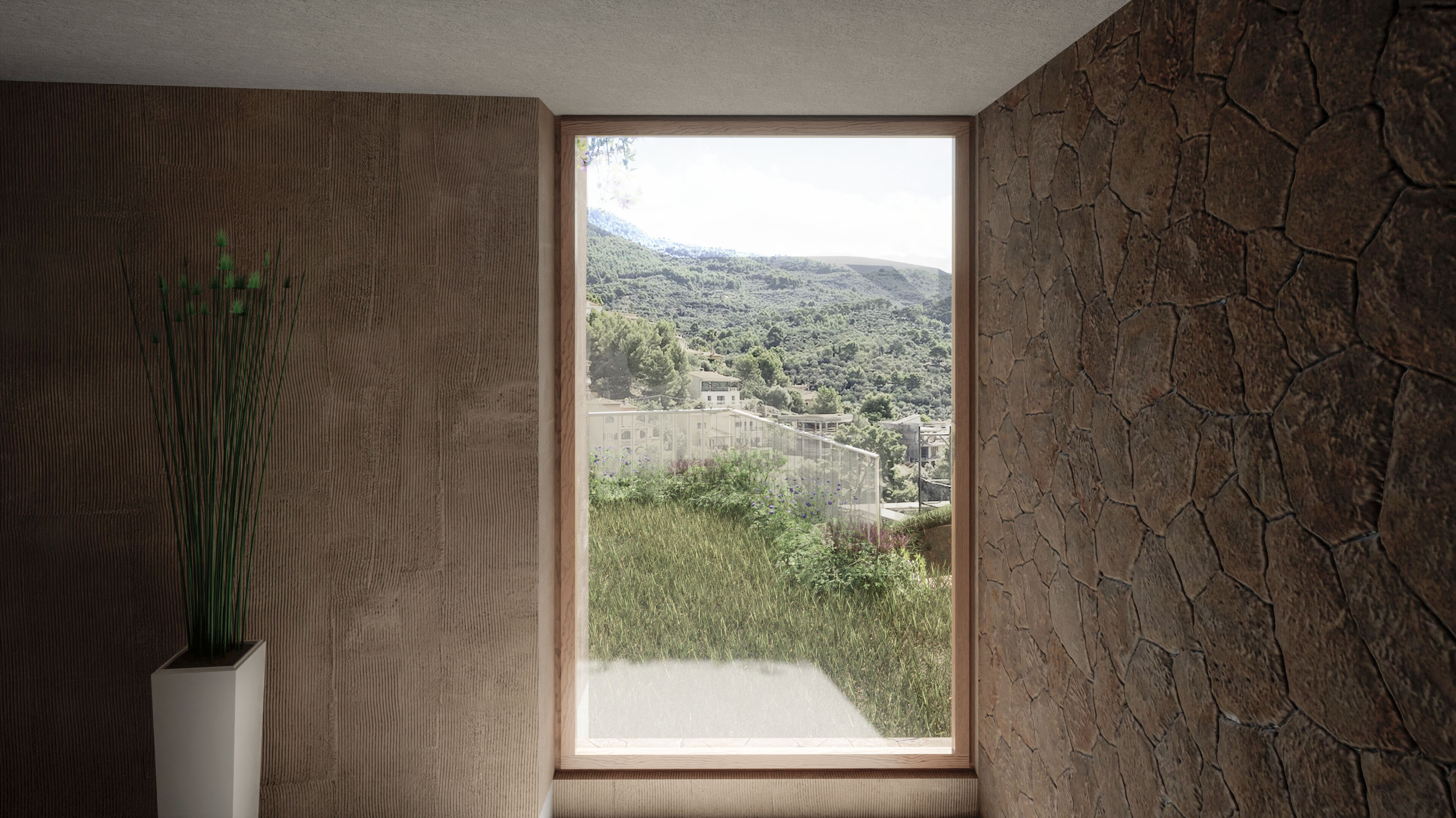 Detalle interior junto a una ventana con vistas a la montaña